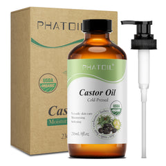 Organic Cold Pressed Castor Oil Unrefined Glass Bottle with Pump, 236 ml (8 fl.oz) USDA Certified Organic Castor Oil for Hair Growth, Eyelashes, Eyebrows, Pack Wraps, Carrier Oil, Hexane Free