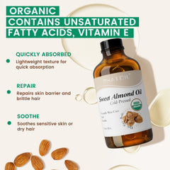 Organic Sweet Almond Oil for Skin 118 ml (4 fl.oz), USDA Certified Organic, Cold Pressed Almond Oil in Glass Bottle for Hair, Face, Body Moisturizer, Carrier Oil for DIY, Massage