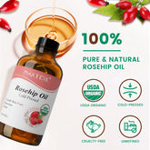 Organic Rosehip Seed Oil for Face 4oz/118ml, USDA Certified Organic Pure and Natural Cold Pressed Base Carrier Oil, Massage Gua Sha for Face and Body, Moisturizing for Hair and All Skin Type