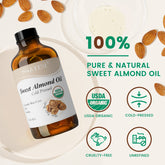 Organic Sweet Almond Oil for Skin 118 ml (4 fl.oz), USDA Certified Organic, Cold Pressed Almond Oil in Glass Bottle for Hair, Face, Body Moisturizer, Carrier Oil for DIY, Massage