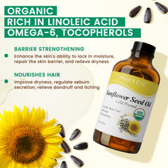 Organic Sunflower Seed Oil for Skin 118 ml (4 fl.oz), USDA Certified Organic, Cold Pressed Sunflower Oil in Glass Bottle for Hair, Body Moisturizer, Carrier Oil for DIY, Massage