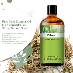 PHATOIL Vetiver 3.38fl.oz Essential Oil for Diffuser, Humidifier, Perfect for DIY Soap, Candle, Bath Bombs Making(100ml)