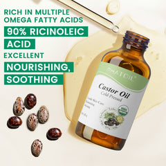 Organic Cold Pressed Castor Oil, 118 ml (4 fl.oz) Glass Bottle, USDA Certified Organic, Rich in Omega Fatty Acids, Ideal for Hair Growth, Eyebrows, Lashes, and Skin Care