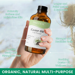 Organic Cold Pressed Castor Oil, 118 ml (4 fl.oz) Glass Bottle, USDA Certified Organic, Rich in Omega Fatty Acids, Ideal for Hair Growth, Eyebrows, Lashes, and Skin Care