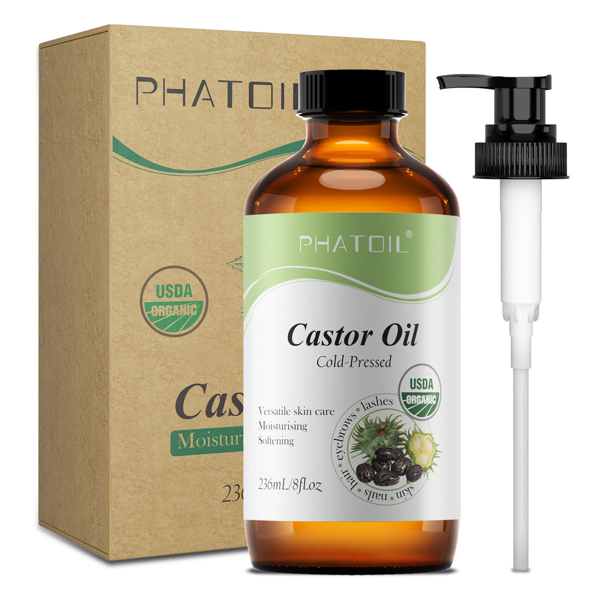 Organic Cold Pressed Castor Oil Unrefined Glass Bottle with Pump, 236 ml (8 fl.oz) USDA Certified Organic Castor Oil for Hair Growth, Eyelashes, Eyebrows, Pack Wraps, Carrier Oil, Hexane Free