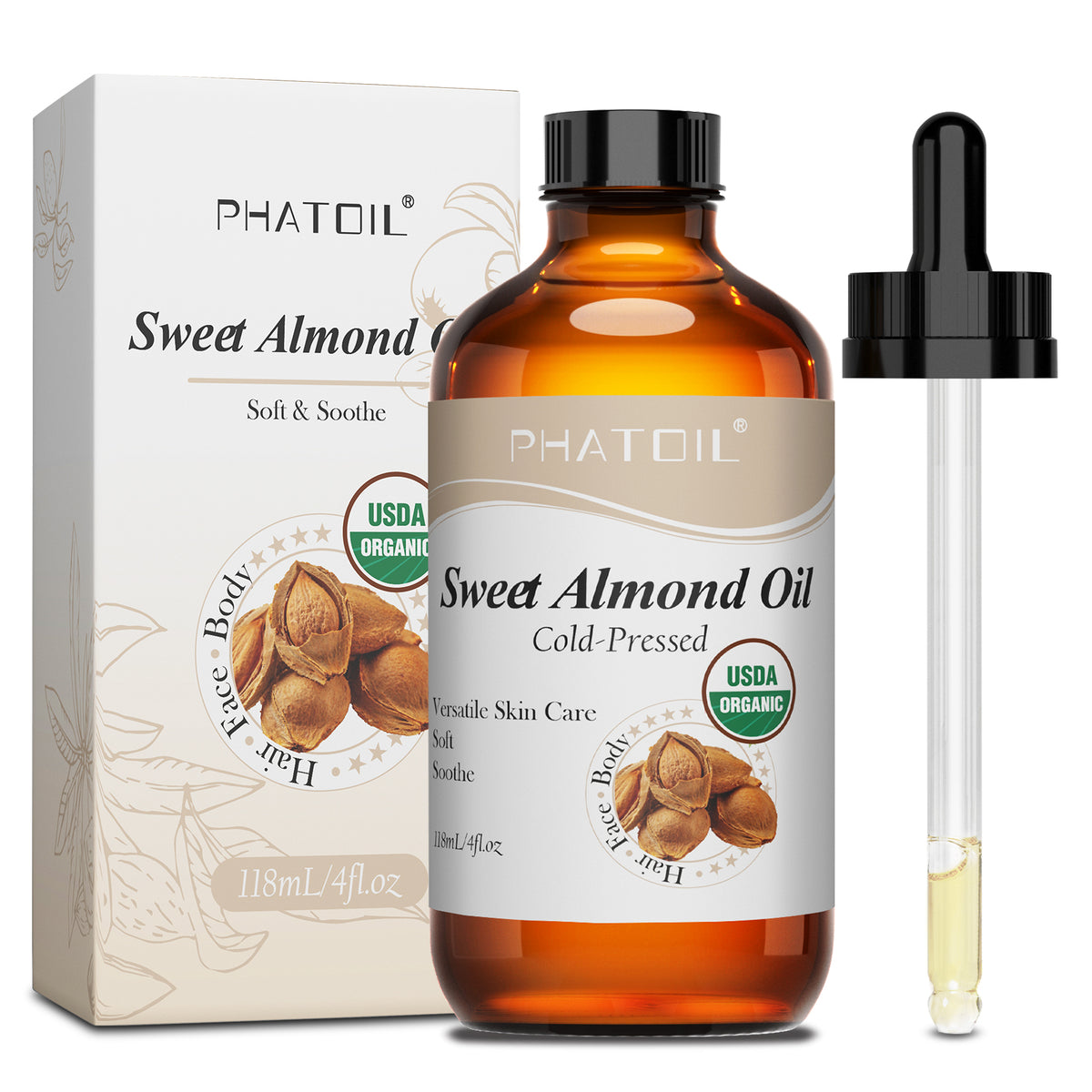 Organic Sweet Almond Oil for Skin 118 ml (4 fl.oz), USDA Certified Organic, Cold Pressed Almond Oil in Glass Bottle for Hair, Face, Body Moisturizer, Carrier Oil for DIY, Massage