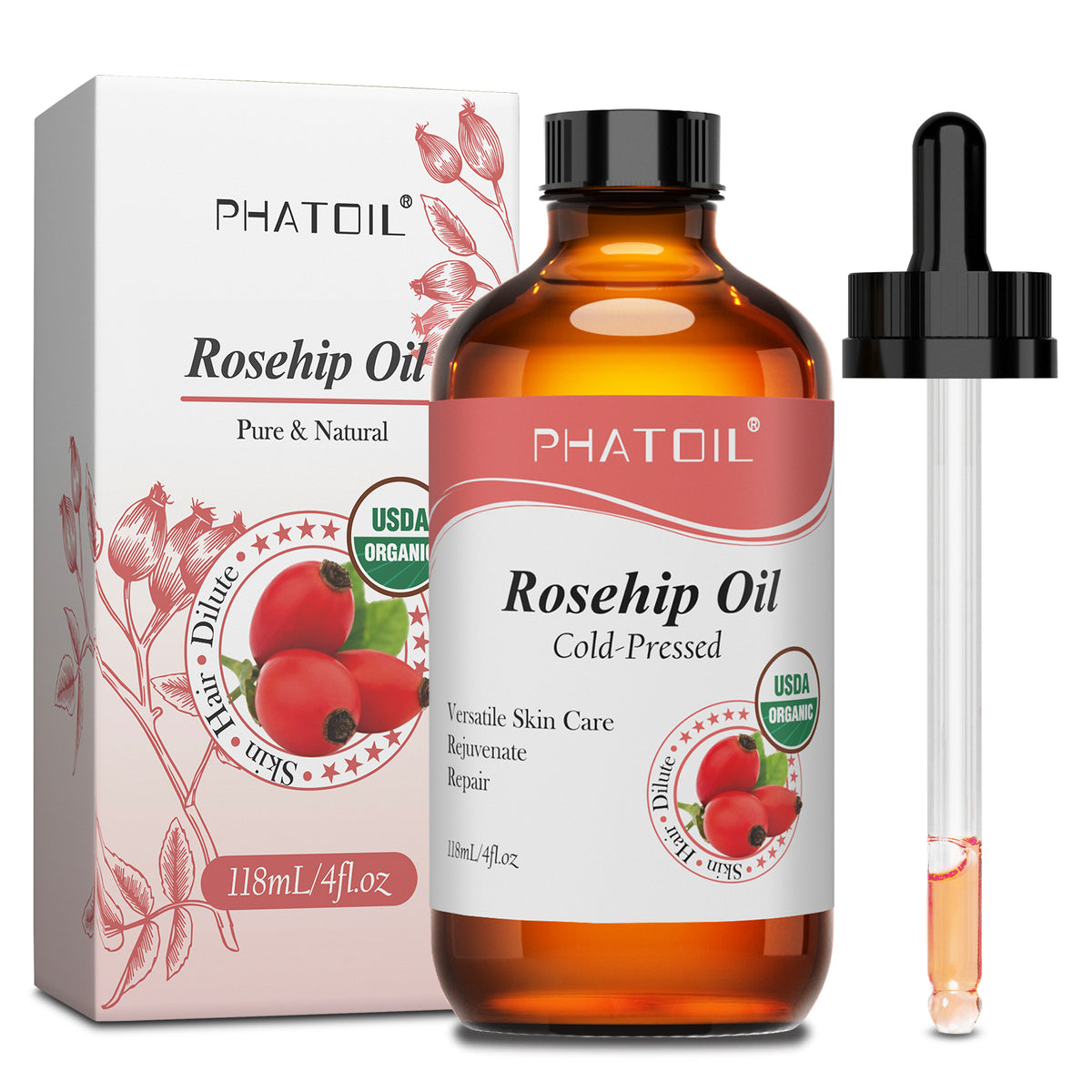 Organic Rosehip Seed Oil for Face 4oz/118ml, USDA Certified Organic Pure and Natural Cold Pressed Base Carrier Oil, Massage Gua Sha for Face and Body, Moisturizing for Hair and All Skin Type