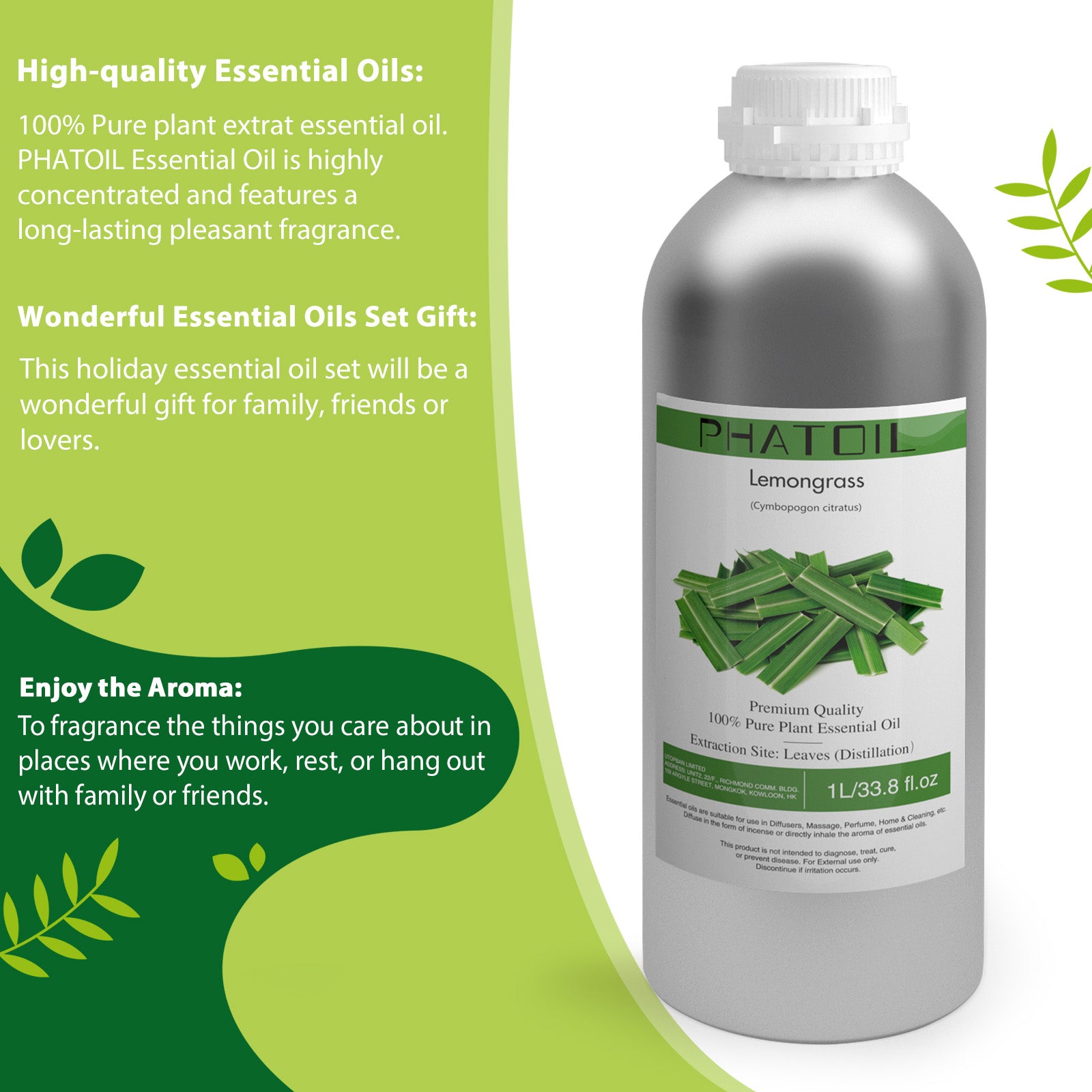 100% Lemongrass Essential Oil-33.8Oz-Bottle-PHATOIL