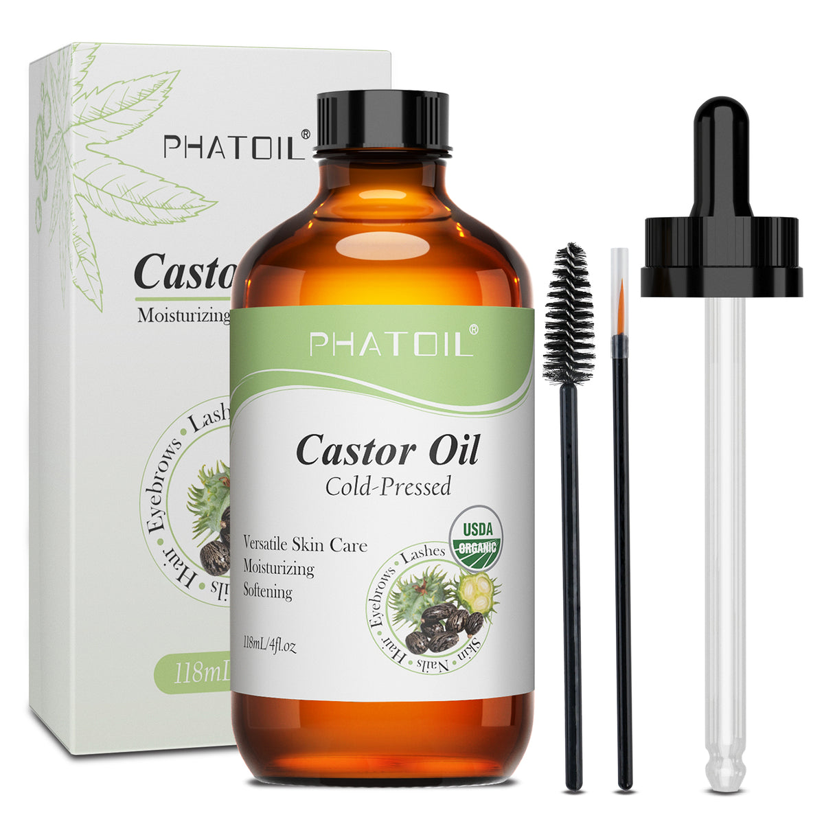 Organic Cold Pressed Castor Oil, 118 ml (4 fl.oz) Glass Bottle, USDA Certified Organic, Rich in Omega Fatty Acids, Ideal for Hair Growth, Eyebrows, Lashes, and Skin Care