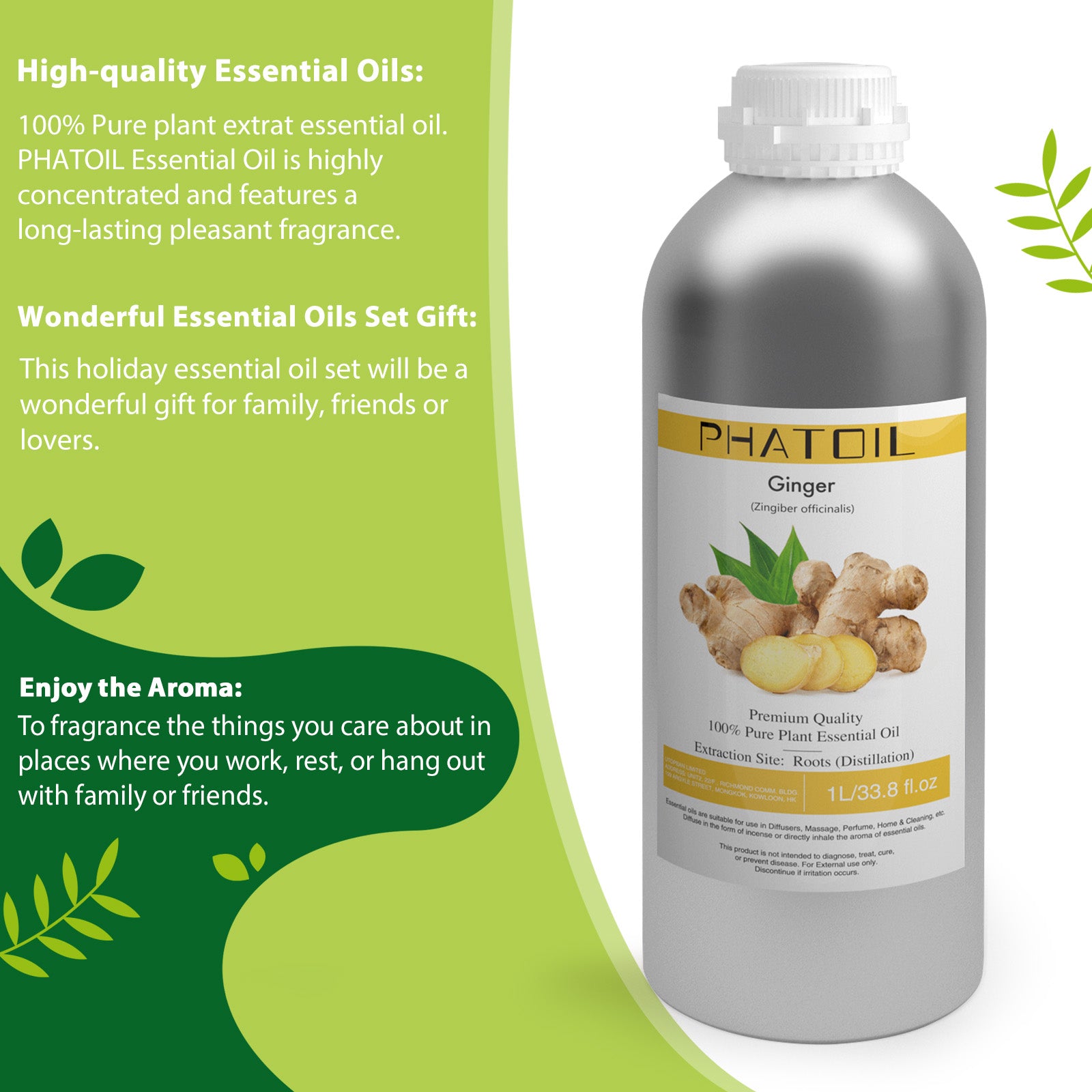 100% Ginger Essential Oil-33.8Oz-Bottle-PHATOIL