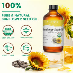 Organic Sunflower Seed Oil for Skin 118 ml (4 fl.oz), USDA Certified Organic, Cold Pressed Sunflower Oil in Glass Bottle for Hair, Body Moisturizer, Carrier Oil for DIY, Massage