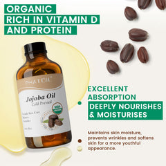 Organic Jojoba Oil Cold Pressed USDA Certified Premium Grade Jojoba Oil Deeply Moisturizing Carrier Oils for Skin, Body, Face, Nails and Hair Growth, Massage, Essential Oils Mixing