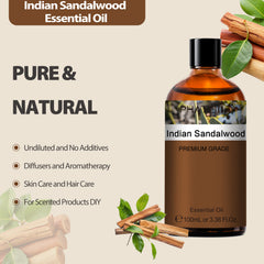 PHATOIL Indian Sandalwood Essential Oil 100ML (3.38 FL Oz), Premium 100% Pure Woody Aromatherapy Oil for Diffuser, DIY Candle Making