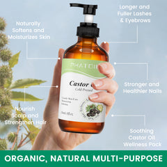 Organic Cold Pressed Castor Oil Unrefined Glass Bottle with Pump, 236 ml (8 fl.oz) USDA Certified Organic Castor Oil for Hair Growth, Eyelashes, Eyebrows, Pack Wraps, Carrier Oil, Hexane Free