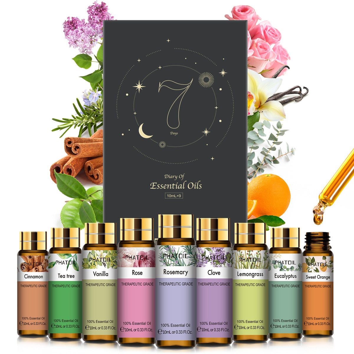 PHATOIL 9pcs Essential Oils Set for Diffusers, Natural Oil for Candle Making, Home Care, Fragrance, Aromatherapy, Humidifiers, Gifts（10ml）