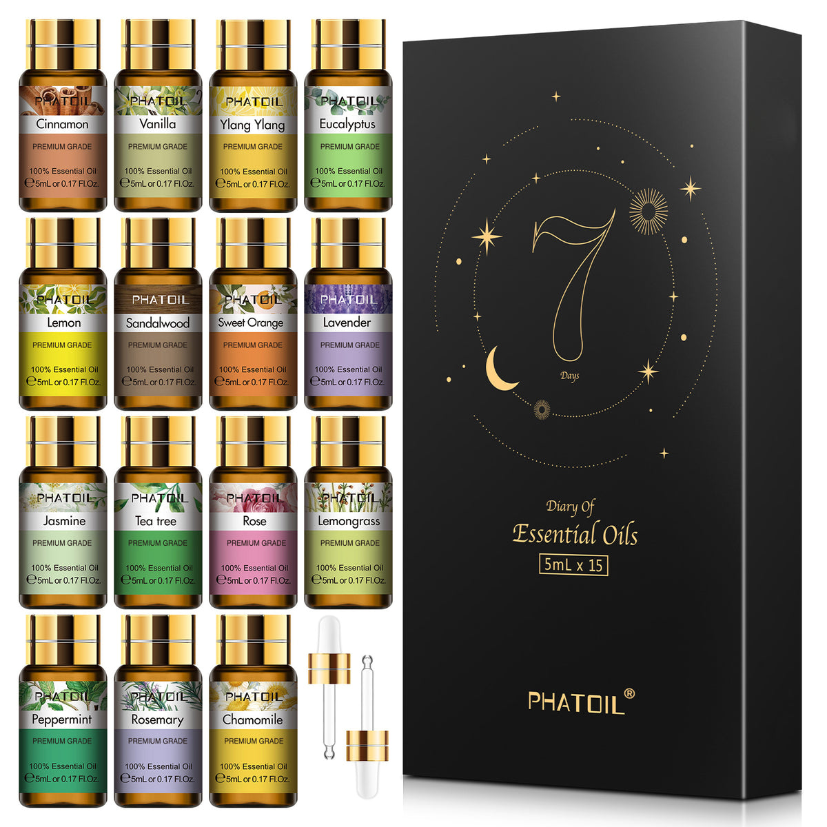 PHATOIL 15pcs x 5ml Essential Oils Gift Set Perfect for Skin & Hair Care, Bath, Relaxation, Ideal for Aromatherapy Diffuser, Soap Candle Making