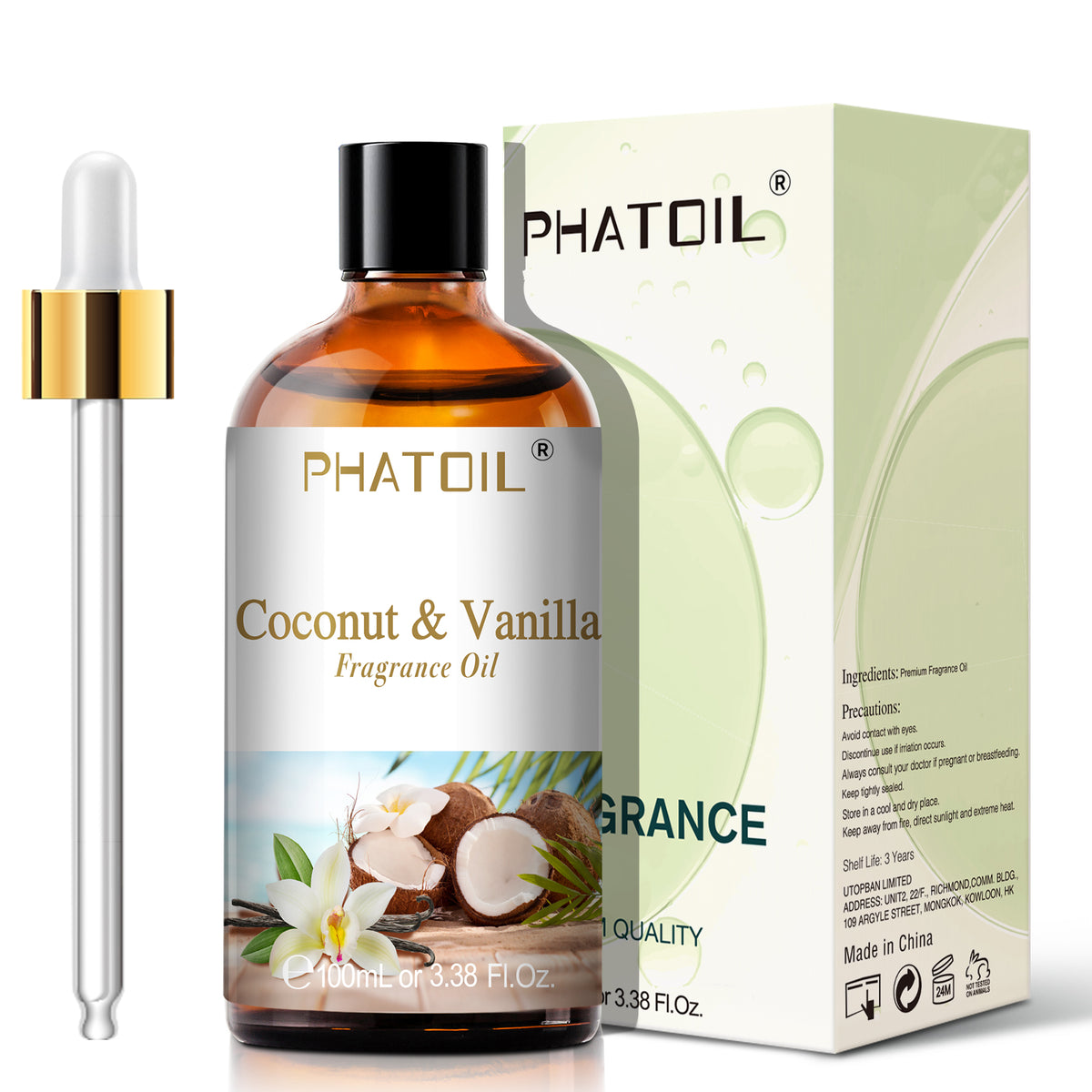 PHATOIL Coconut & Vanilla Essential Oils for Candle Making, Aromatherapy, Diffuser, Spa Massage, Yoga, Diy, Home Made Soap- 3.38Fl.Oz