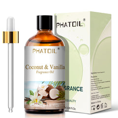 PHATOIL Coconut & Vanilla Essential Oils for Candle Making, Aromatherapy, Diffuser, Spa Massage, Yoga, Diy, Home Made Soap- 3.38Fl.Oz