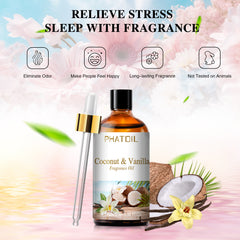 PHATOIL Coconut & Vanilla Essential Oils for Candle Making, Aromatherapy, Diffuser, Spa Massage, Yoga, Diy, Home Made Soap- 3.38Fl.Oz