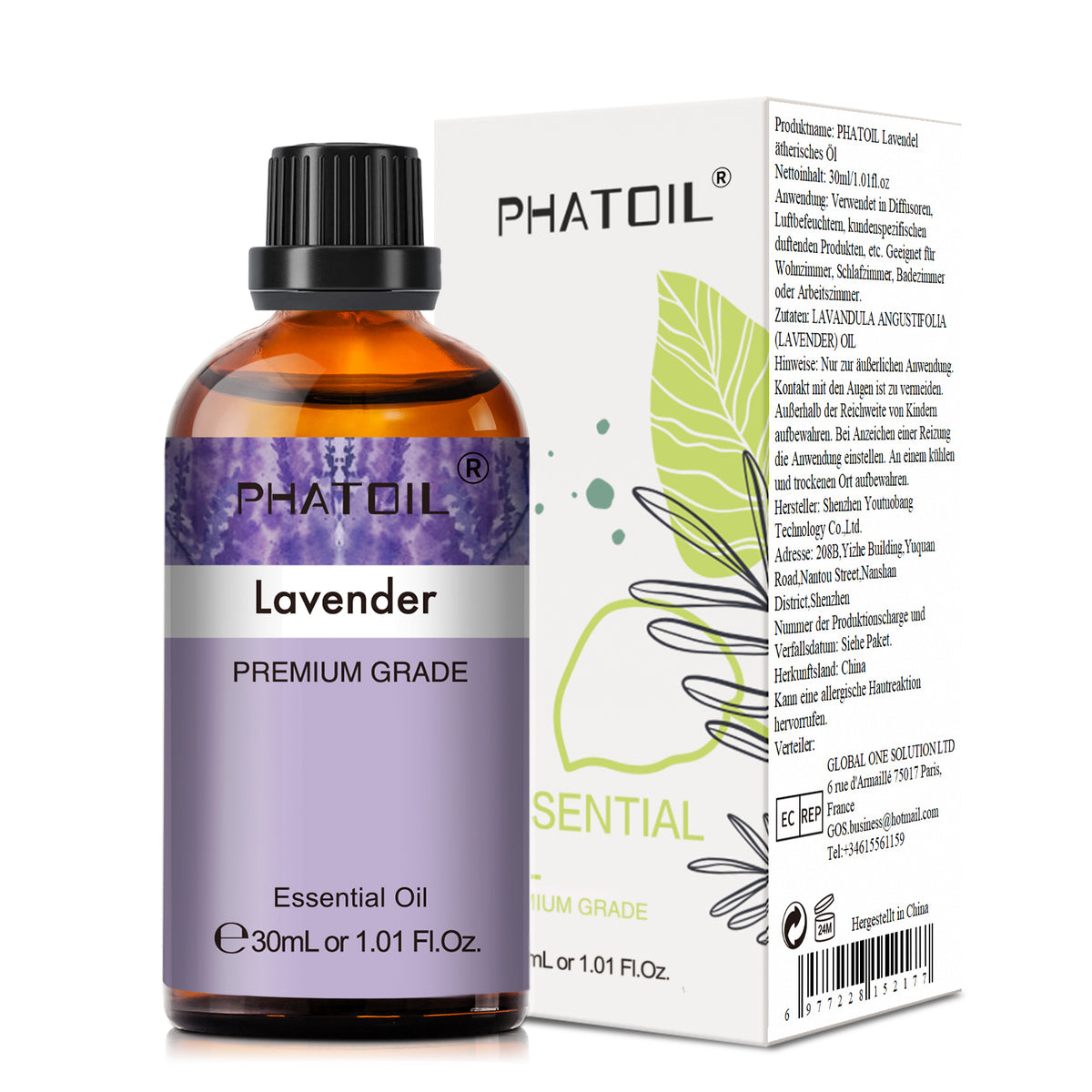 Lavender Essential Oil 30ML/ 1.01FL.OZ, PHATOIL Pure Aromatherapy Lavender Oil for Massage, Diffuser, Soap Making, Long Lasting Scents