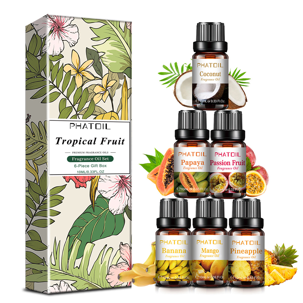 PHATOIL Fruity Fragrance Oil for Soap Making, Essential Oils Set, 10ml x 6 - Coconut, Mango, Pineapple, Summer Aromatherapy Diffuser Oils